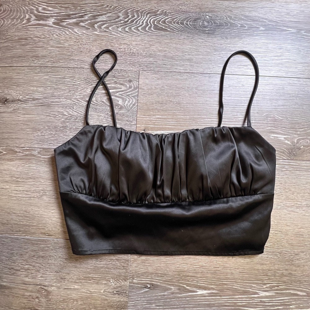 Princess Polly Crop Top Women 6 Black Ruched Satin Spaghetti Strap Sexy Party